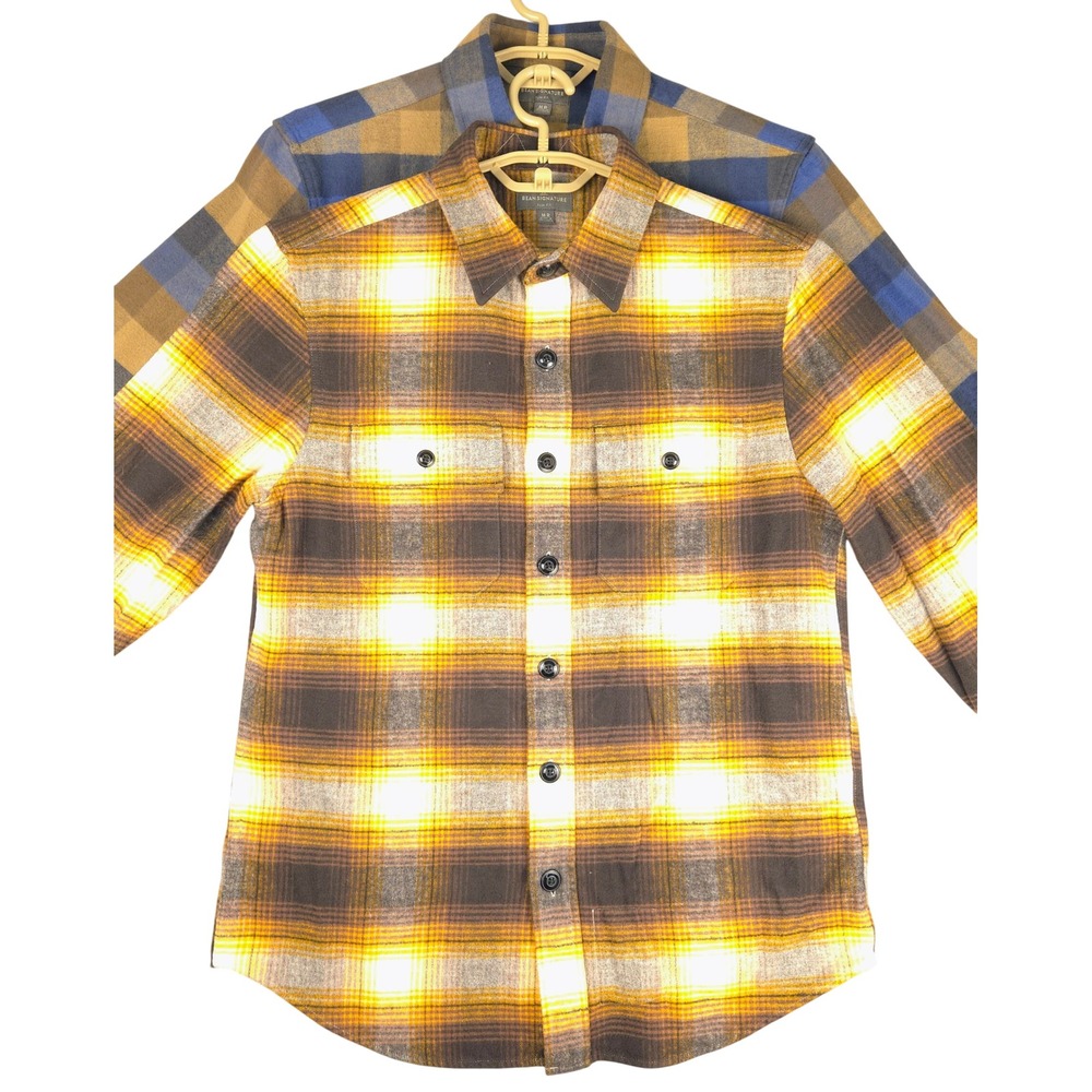 Lot of (2) LL Bean Signature Slim Fit Chamois Cloth Shirt Plaid Cotton MR 290020